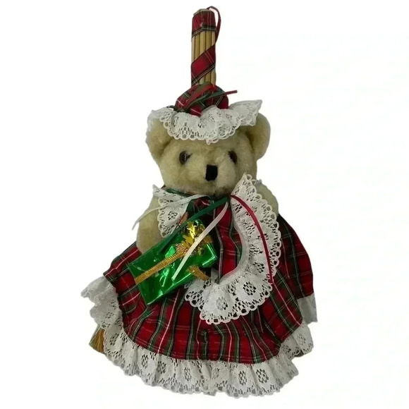 VTG CHRISTMAS COVERLETTE TEDDY BEAR WHISK DECORATIVE BROOM HOLIDAY DECORATION - Picture 1 of 8